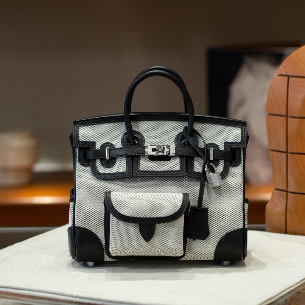 Swift Cowhide Patchwork Canvas Pocket Platinum Bag 25cm Color-blocked Handbag High-end One-shoulder Crossbody Women's Bag