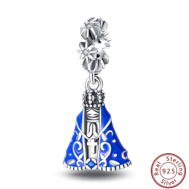 925 Silver Virgin Mary Deep Blue Golden Goddess Beautiful Blessing Charms Beads 3mm DIY Fine Jewelry Making