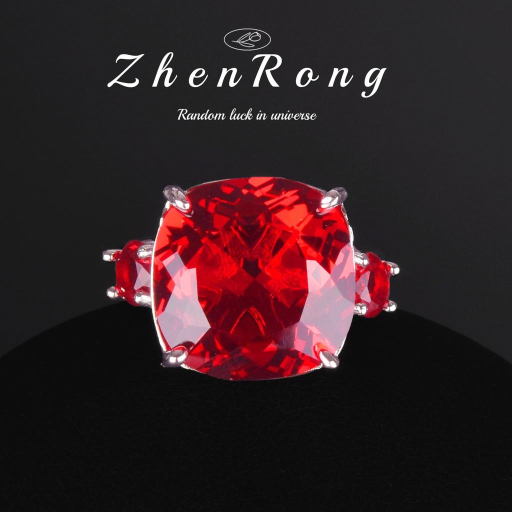 Fashion Square Red Corundum Zircon Sets Luxury Elegant Cocktail Party Three-piece Zircon Set Rings Stud Earrings Necklaces