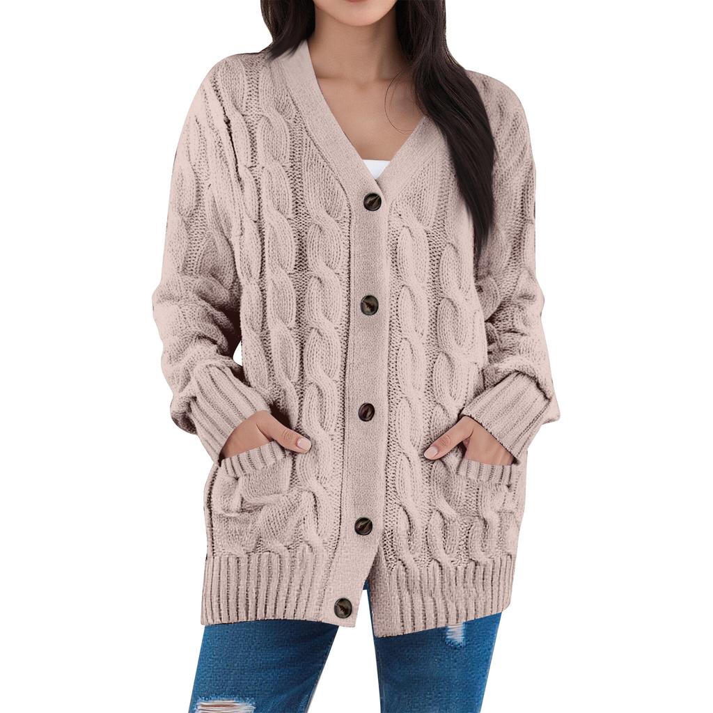 Women's Fashion Solid Color Casual Cardigan Jacket Cable Knit Button Cardigan Sweater