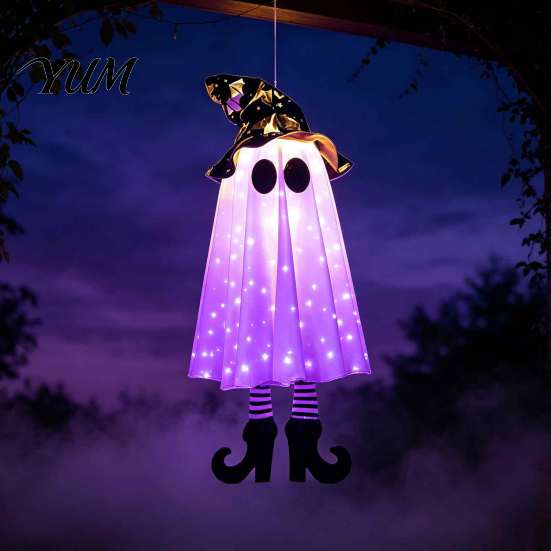 Mysterious Glow Yard Decor Halloween Hanging Ghost Decoration with Witch Hat And Leg, LED Lighted Spooky Indoor Party Ornaments Floating for