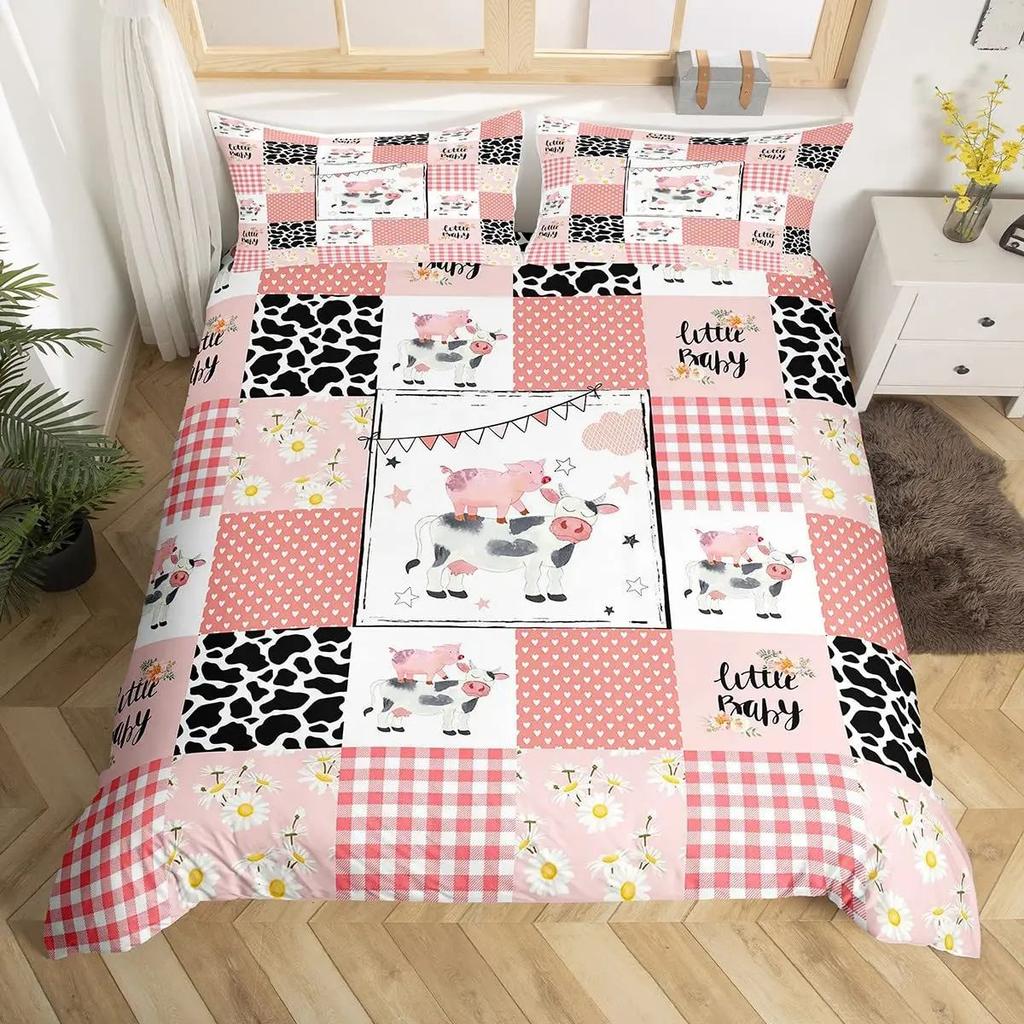 Cartoon Cow Duvet Set Three-Piece Strawberry Pattern Quilt Set Kawaii Cow Bedding Set