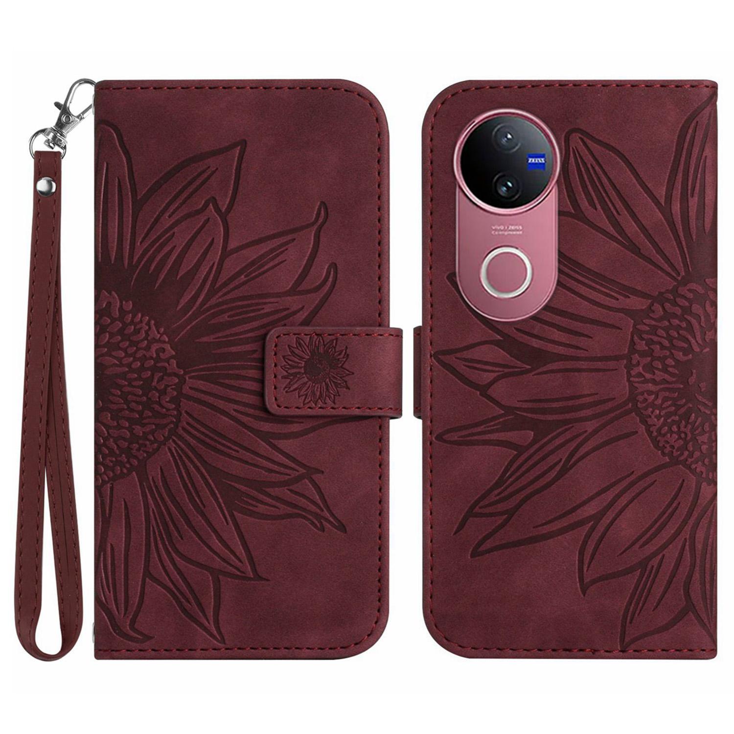 

Для vivo V50 5G Чохол Шкіряний гаманець з тисненням соняшника Чохол для телефону з ремінцем на зап ястя Wine Red