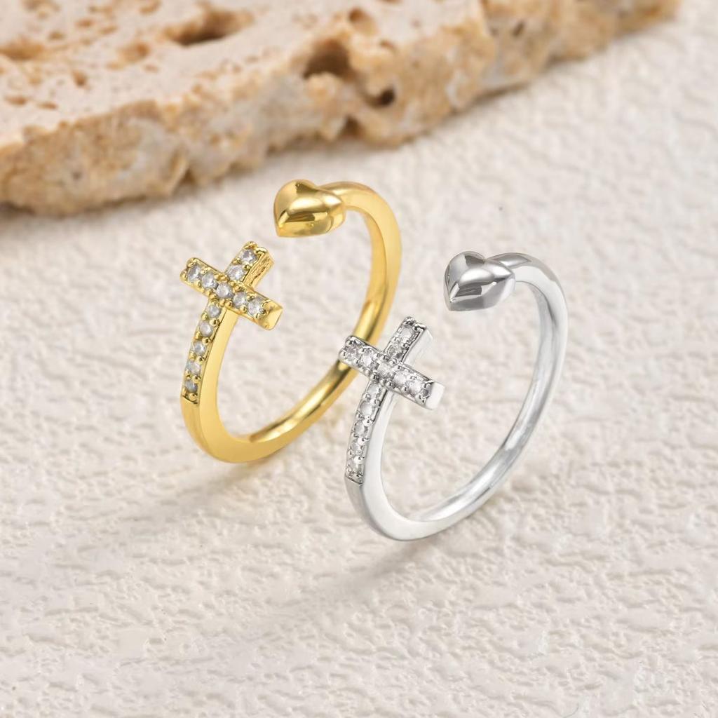 Exquisite Zircon Cross Ring for Women,Open Adjustable Heart Rings,Dainty Fashion Jewelry Gift