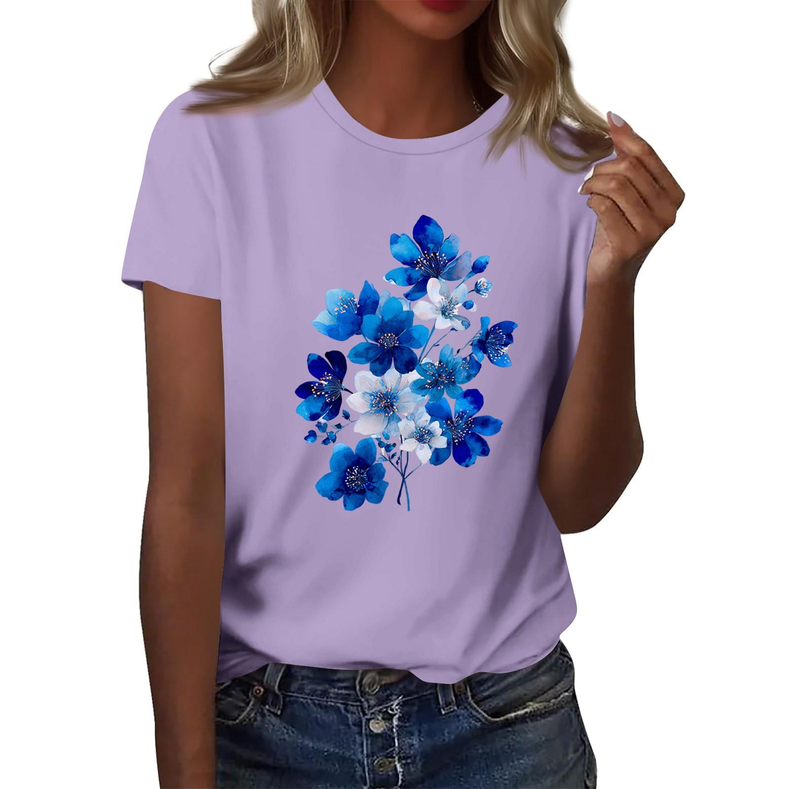 

Жіноча модна повсякденна футболка з принтом і круглим вирізом з короткими рукавами Топ Футболка Топ S фіолетовий