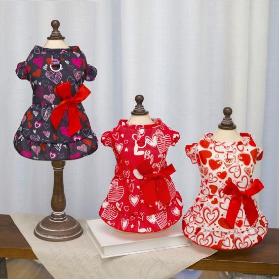 Hundekleid mit roter Schleife Herz-Aufdruck Flatterärmel Rüschensaum Haustier Kostüm Outfit Bekleidung für kleine Hunde Katzen