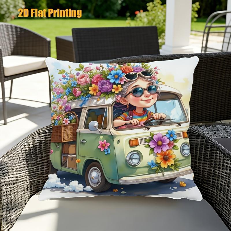 Retro Van Pillowcase, Funny Flower Bus Cushion Cover, Hippie Girl Cartoon Throw Pillow, Colorful Vehicle Decor Summer Vibes Gift