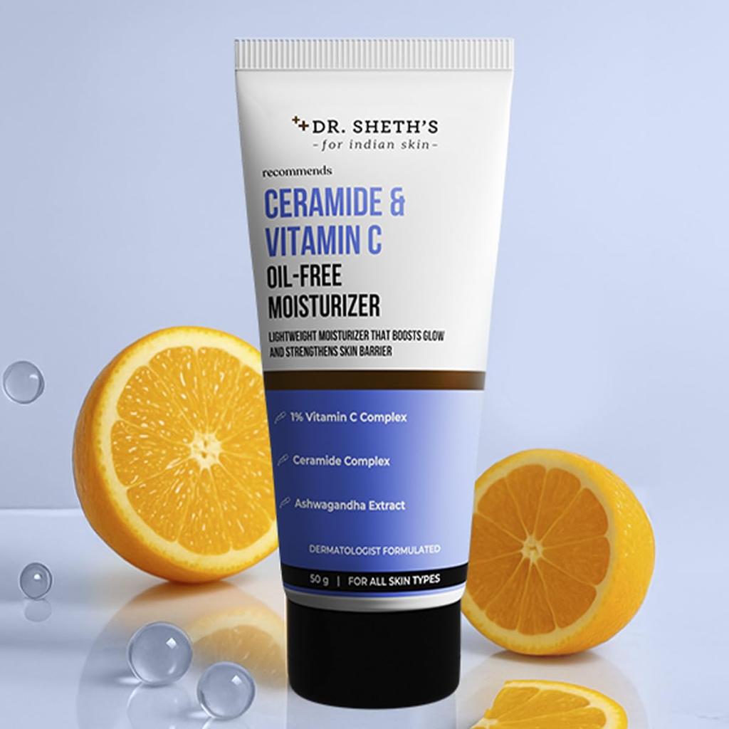 Dr. Sheth's Ceramide & Vitamin C Oil - Free Moisturizer To Hydrate & Brighten Skin With Vitamin C, & Ashwagandha For Women & Men | 100G