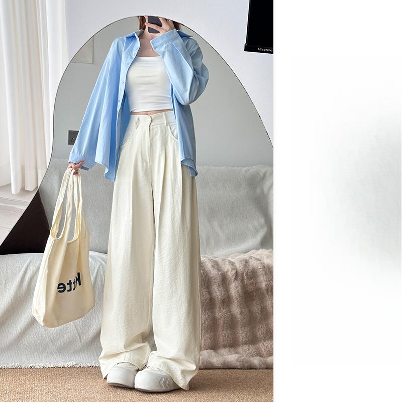 Czarne spodnie z szerokimi nogawkami Damskie Wiosna i Jesień Nowe Spodnie z wysokim stanem Luźne Spodnie z prostymi nogawkami