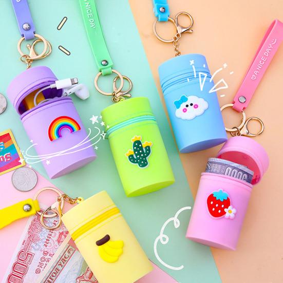 Storage Bag Cartoon Decor Earphone Keys Changes Coin Storage Bucket with Wrist Strap Zipper Closure Portable Keychain Bag Decoration Pendant