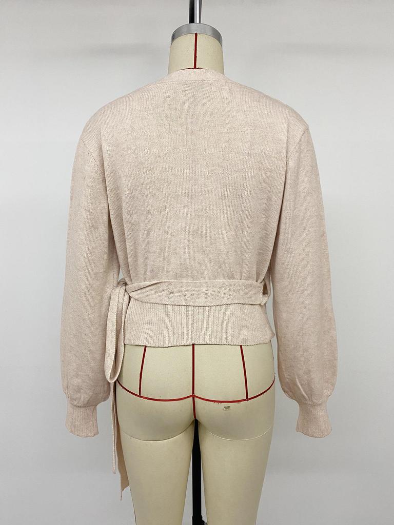 2026 A/W Knit Women's Irregular Short V-Neck Tie Waist Long Sleeve Sweater