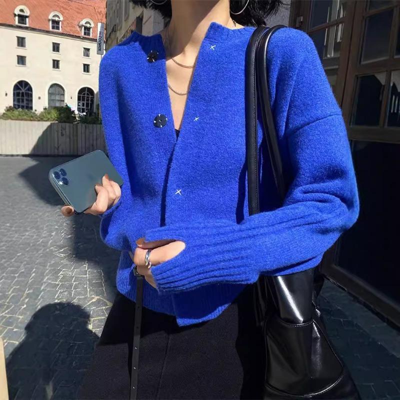 Autumn and winter new knitted cardigan sweater atmosphere pumpkin color lazy wind outside wear crew neck niche top coat women