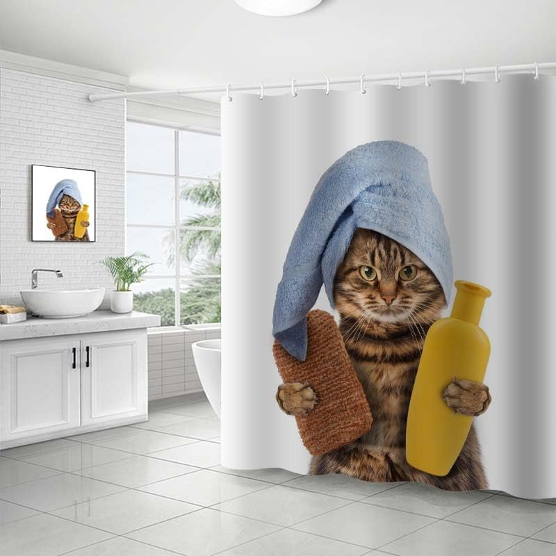 Funny Cat Shower Curtains 72 x 72 inch,Bathing Cat Waterproof Polyester Fabric Bathroom Curtain with 12 Hooks