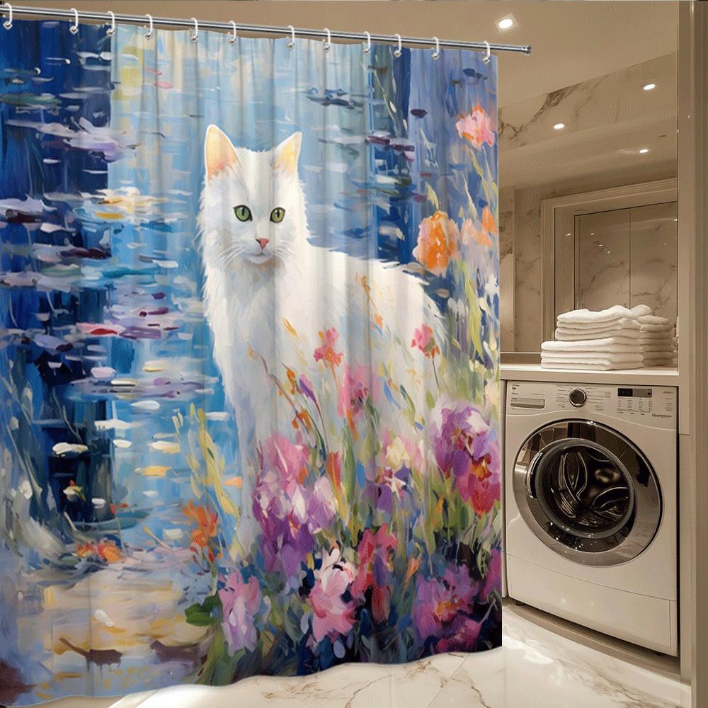 White Cat In Flower Garden Shower Curtain Watercolor Style Artistic Scene Whimsical Pet Lover Decor Waterproof Elevate Space
