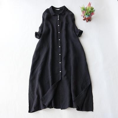 Loose Literary Plus Size Women's Literary Seven-point Sleeve Lapel Long Shirt Dress