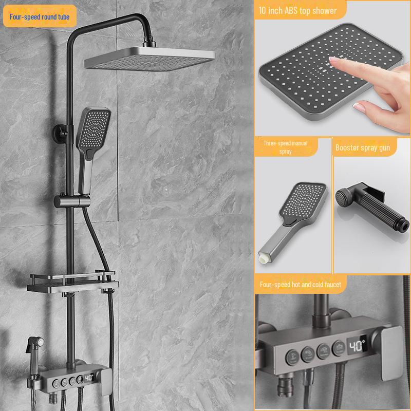 

Термостатический душевой гарнитур из нержавеющей стали серого цвета с тропическим душем и функцией усилителя