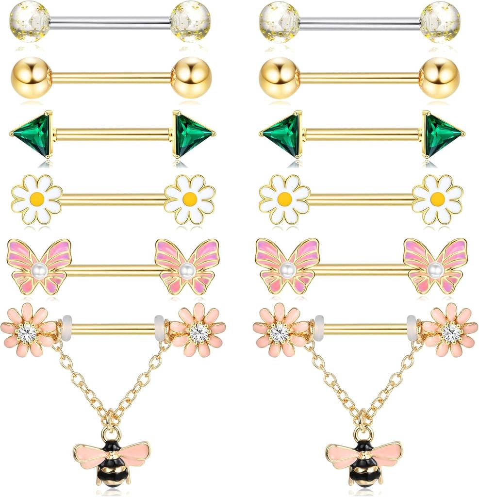 Bobisty 6 Pairs 14G Nipple Rings Set for Women 316L Stainless Steel Heart Butterfly Moon CZ Flower Nipple Rings Piercing Jewelry