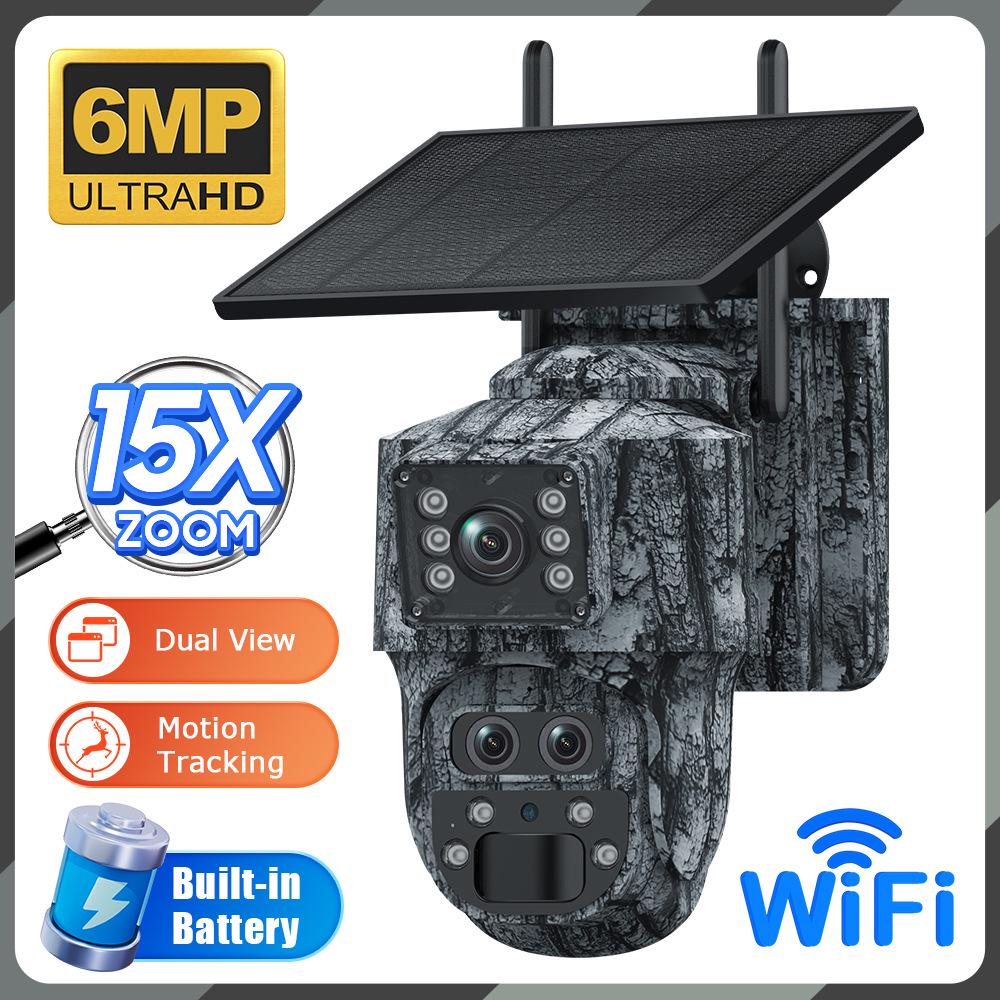 Wasserdichte Camouflage-Solar-Außenkamera mit dreifacher Linse & 15-fachem Zoom