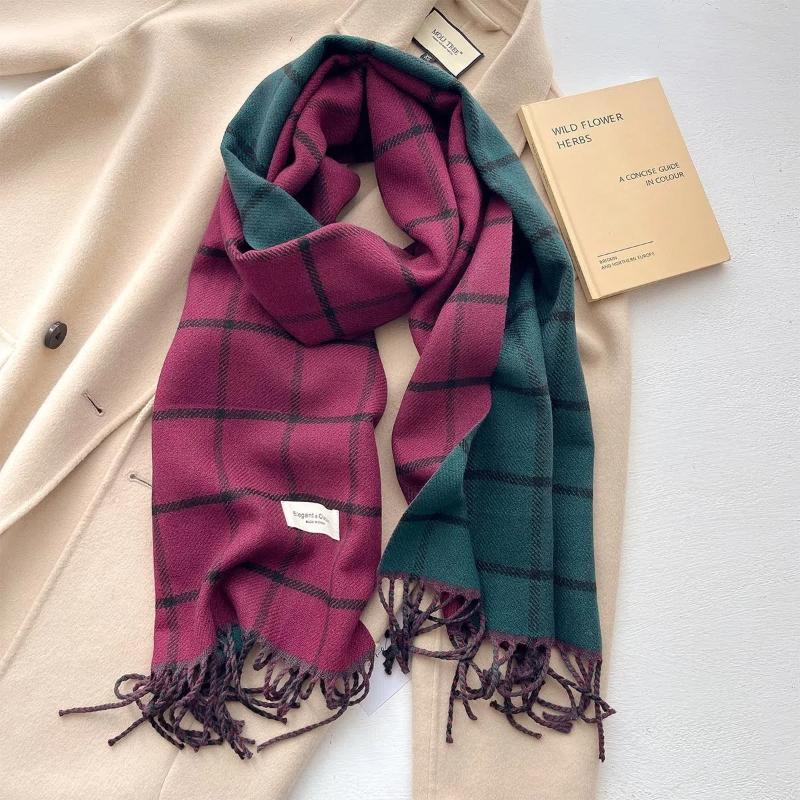 Checkered Imitation Cashmere Warm and Tassel Simple and Luxurious Style Scarf for Autumn and Winter