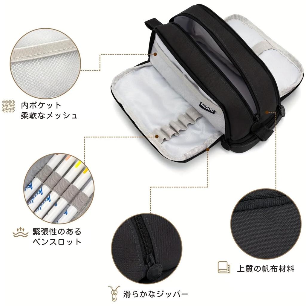 Trousse à crayons avec poches en filet et double fermeture éclair, parfaite pour les étudiants et noire Fermeture grande capacité, professionnels, (4 poches, noir)