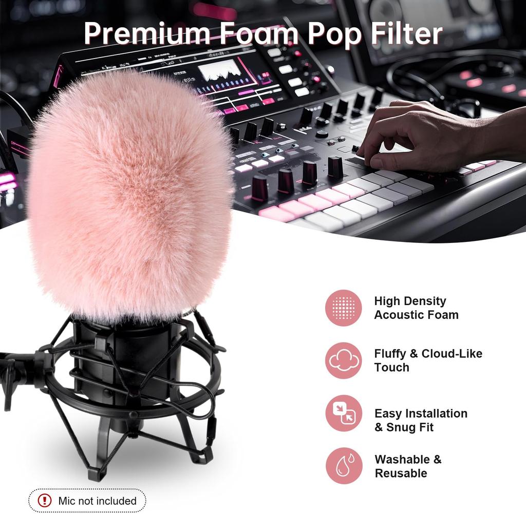 PhantAccy Pop Filter Wind Screen for Audio-Technica AT-2020 AT-2035 AT-2040 AT-2050 ATR2500 ATR2500X AT-4040 Microphones Pink Fur Noise Reduction