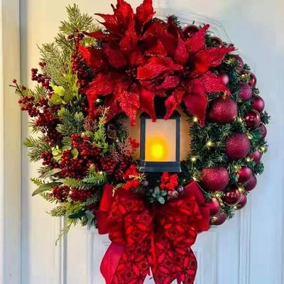 Golden Christmas Wreath With Lamp For Front Door Red Ball Flower Garland Xmas Ornament Window Wall Hanging Decor Home