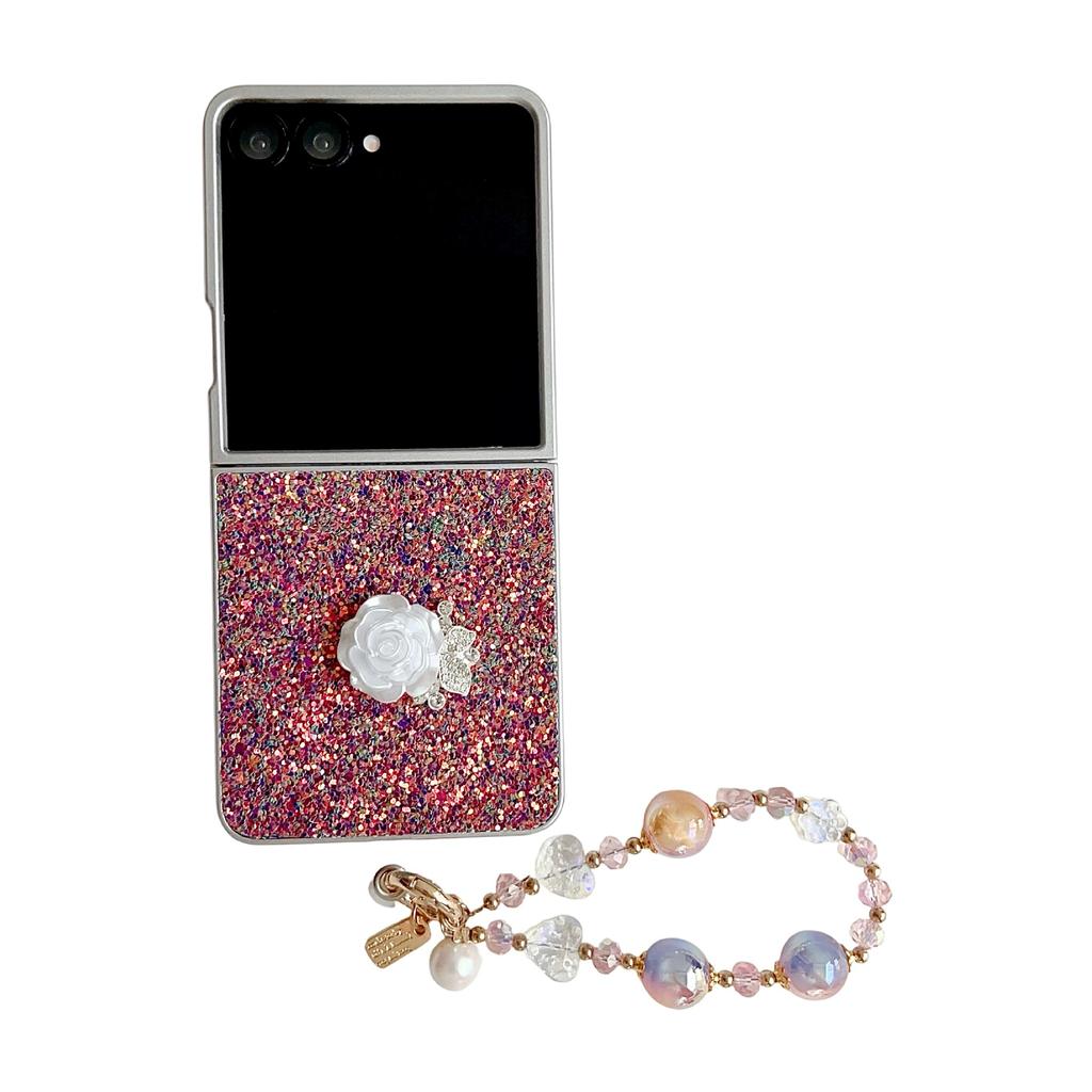 Phantom Glitter White Rose Mobile Phone Case for Samsung Z FLIP7/6/5/4 Portable Bead Chain 3rd Generation Folding Case