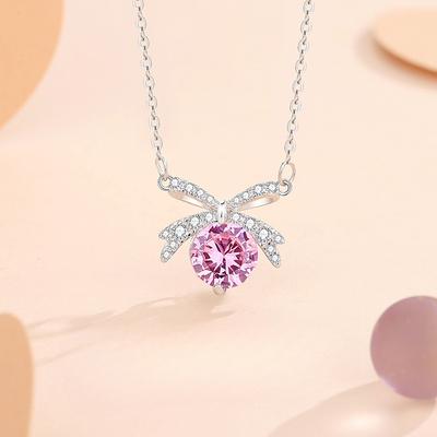 S999 Pure Silver Bow Necklace Female Light Luxury Minority Design Butterfly Dream Clavicle Chain Pink Zircon Princess Knot Necklace