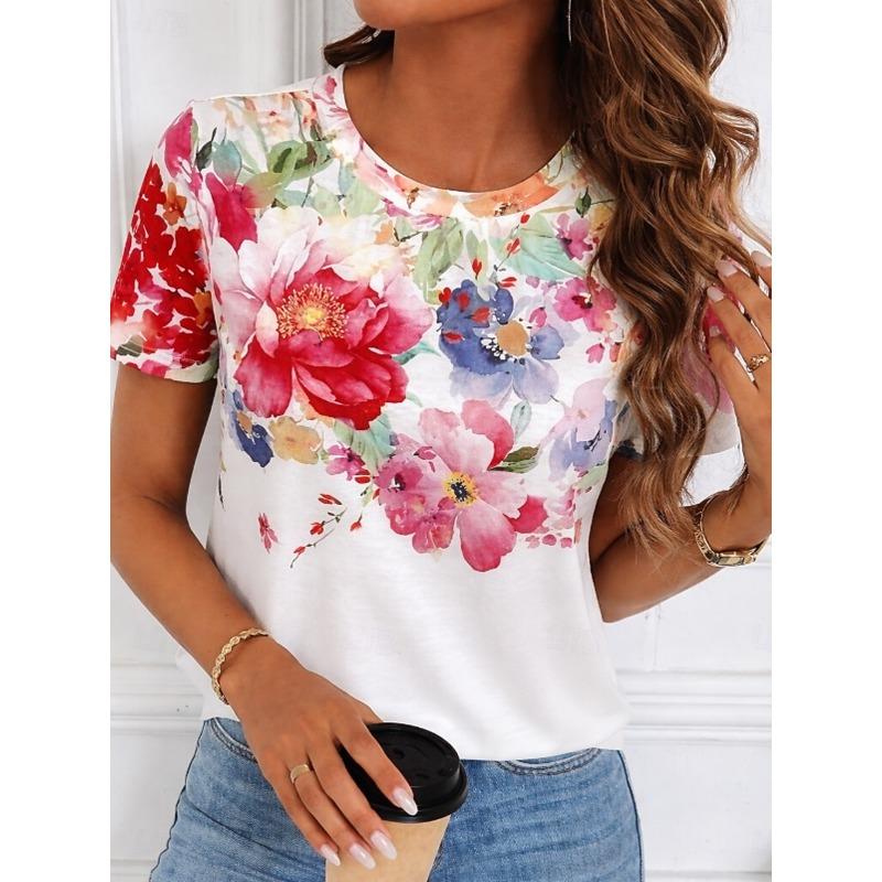 

Women s T Shirt Print Floral Graphic Plants Stylish Classic Casual Short Sleeve Crew Neck Long Tops S