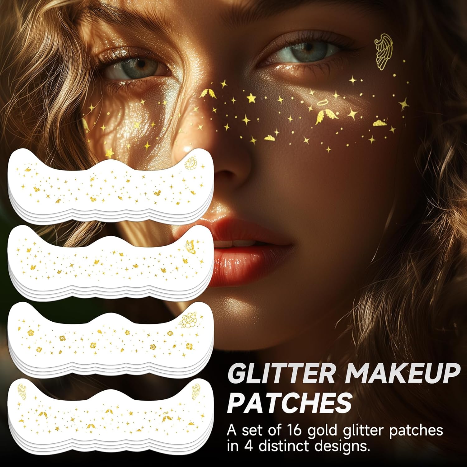 EMOME Glitter Freckles Face Tattoo, 16 PCS Gold Fake Freckles Star Face Faux Freckles Waterproof Sparkle Makeup Patches for Women, Kids, Girl