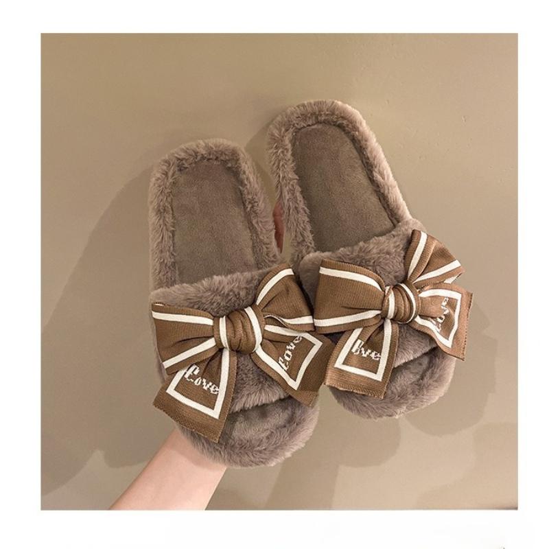 New Bow Fur Slippers Women's Fashion Home Home Warm Floor Cotton Slippers