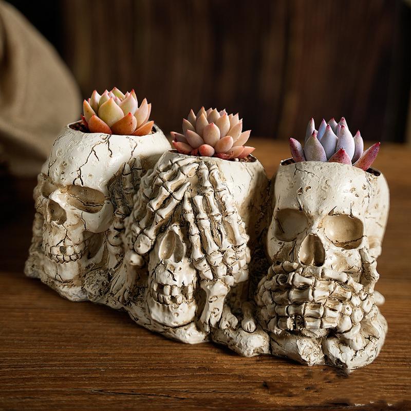 Flower Pot Skulls Halloween Decor Skeleton Pen Holder Tabletop Personality Candy Bowl Ghost Planter For Home Store Decoration