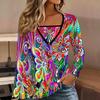 Tops for Women Retro Print Long Sleeve Fake Two‑Piece Top Fall Casual Slim Pullover Women's Long Sleeve Top