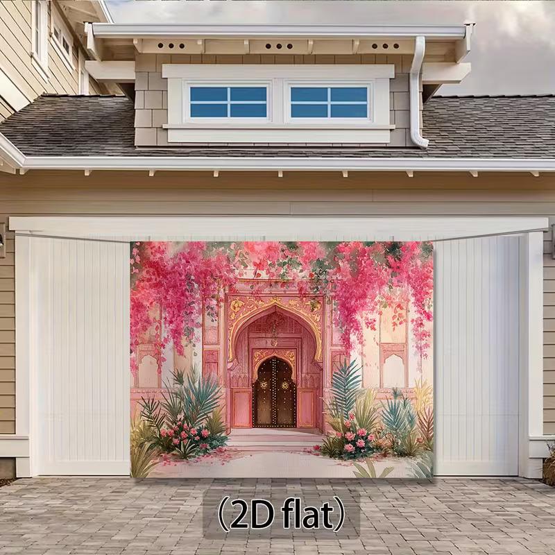 Traditional Mughal 2D Backdrop, Pink Temple Door with Bougainvillea Photo Background