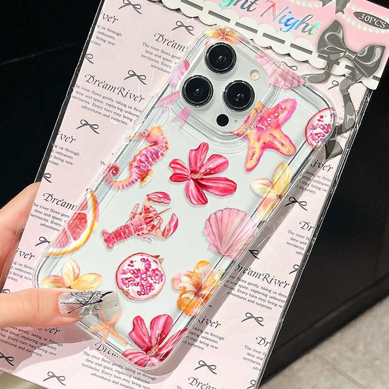 Coque de téléphone Design Fleur Tropicale & Animaux Marins Pour iPhone17 Air 16 16e 15 13 12 11 ProMax Pro Plus Anti-Choc Carcasa Cover
