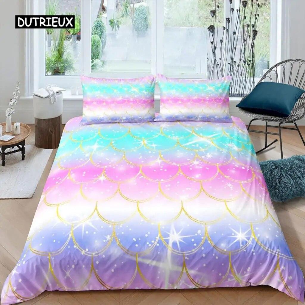 Fish Scales Duvet Cover Set Bedding Set Colorful Mermaid Scale Quilt Cover Pillowcase Queen Size Girls 2/3pcs Comforter Cover Three-piece Set