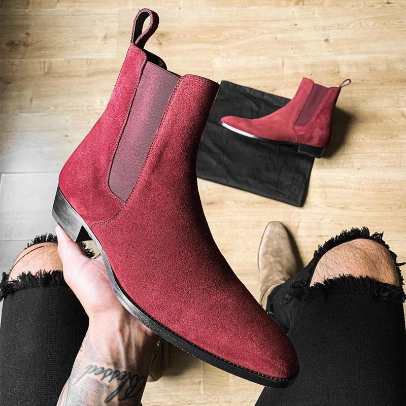 Fashion Chelsea Boots Men Handmade Business Black Red Slip On Flock Pu Cowboy Boots Sapato Masculino  Men Boots