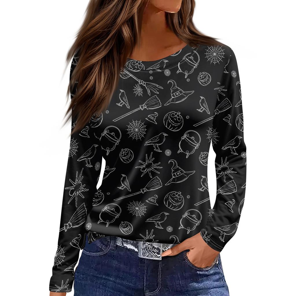 Women's Long Sleeve Round Neck Top with Halloween Print and Side Split Hem