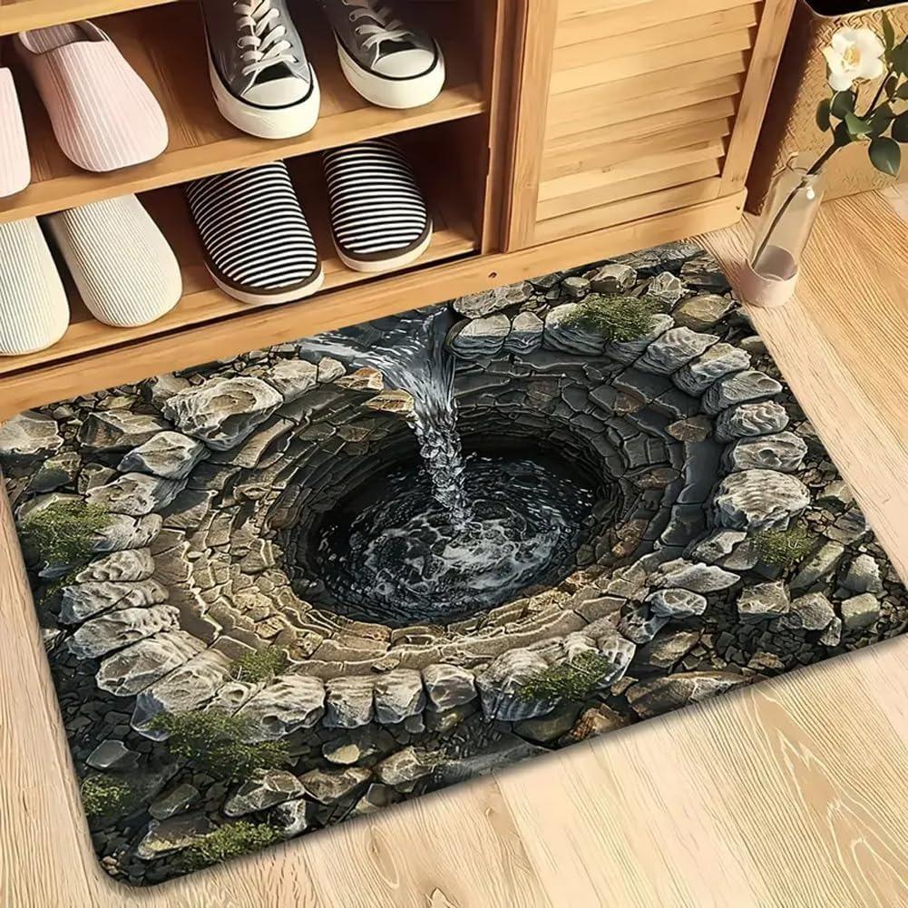 3D Ancient Well Spring Door Mat Stone Well Wall Design Non-Slip Rug Creative Home Decor Entryway Doorway Living Room Carpet