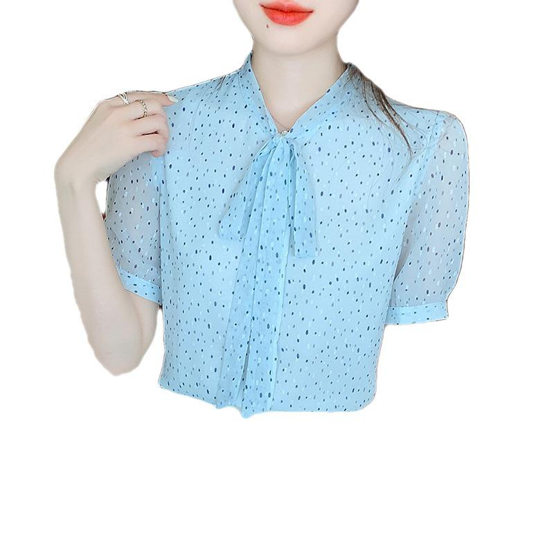 Blue Polka Dot Short-Sleeve Women's Chiffon Ribbon Shirt, Summer 2025 Collection