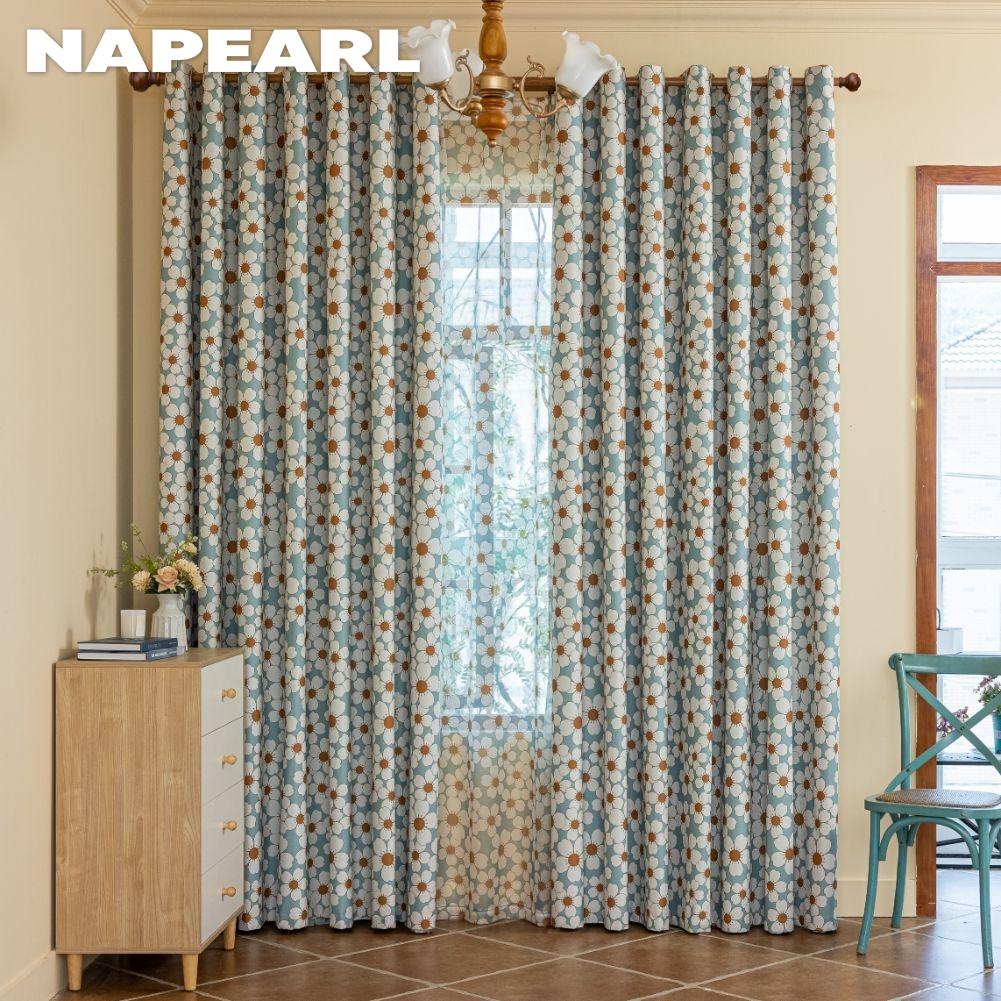 1 Stück NAPEARL Vorhänge im europäischen Landhausstil mit frischem Gänseblümchenmuster, Vollverdunkelungsvorhänge für Schlafzimmer, Wohnzimmer, Balkonfenster zur Heimdekoration