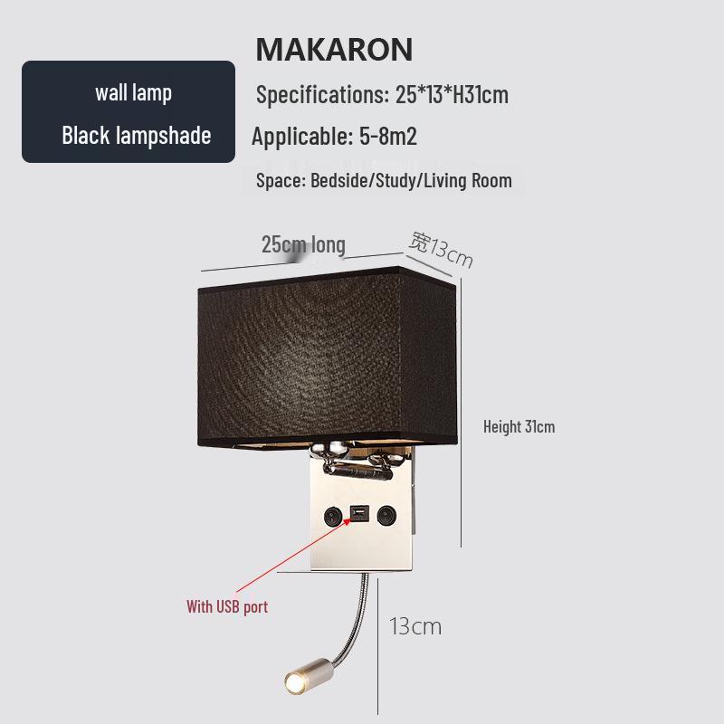 Minimalist LED Bedside Wall Lamp with USB Port - Fabric Shade for Indoor Reading