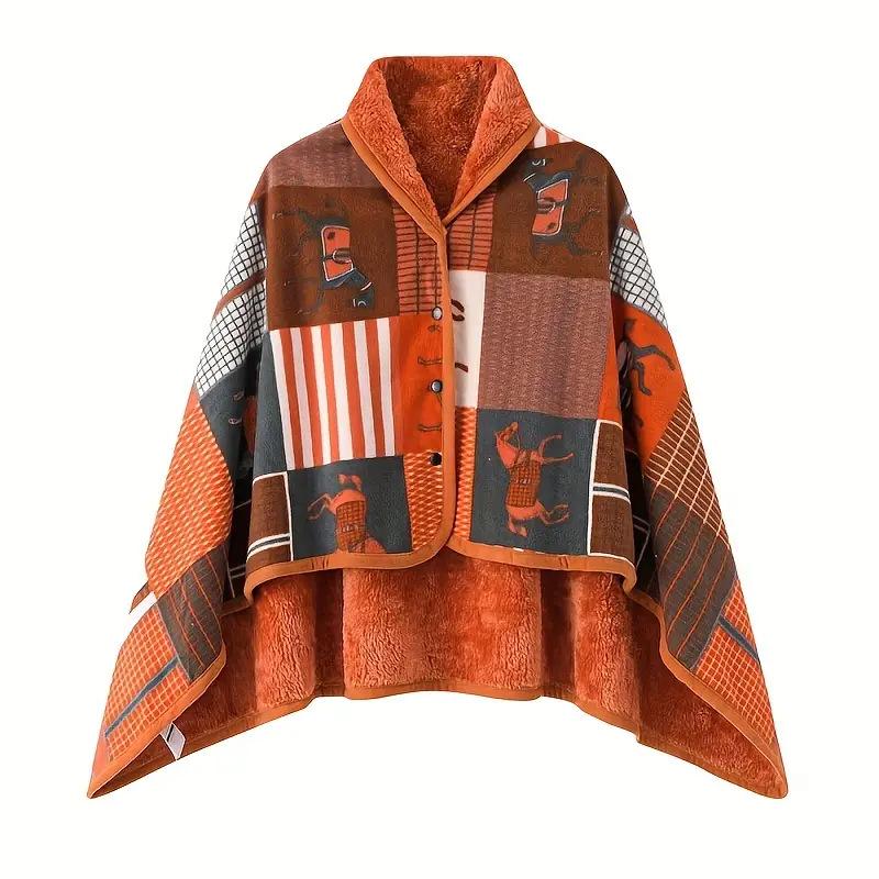 Double-Layer Fleece Shawl Blanket with Buckle - Warm, Multifunctional Office Blanket for Women