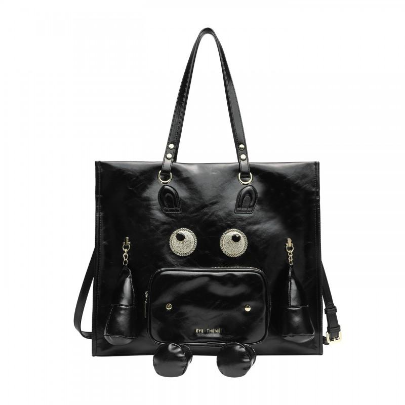 Large Capacity Oil Wax PU Leather Tote Bag - Casual Ladies Shoulder With Cartoon Pocket
