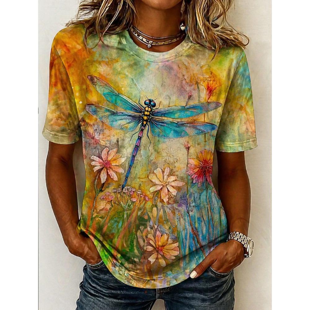 Fashion Women Retro Creative Dragonfly Pattern Print T Shirt Funny Casual O-neck Short Sleeves T-shirt Summer Female Tee Shirt