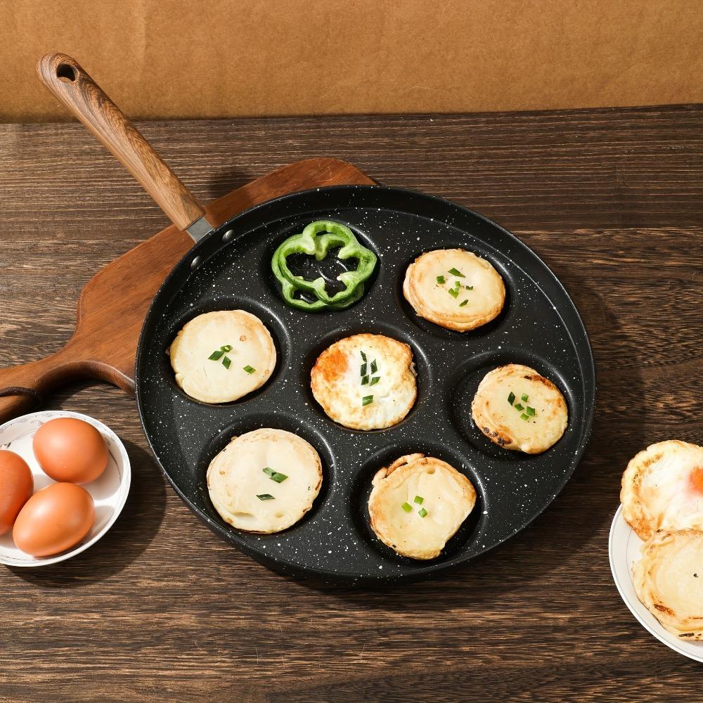 Wood Grain Handle Egg Frying Pan Round Egg Cooker Durable Breakfast Egg Pan Restaurant