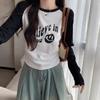 American Retro Side Pleated Waist Long-sleeved T-shirt Women's New Round Neck Letter Printed Short Bottoming Top Autumn