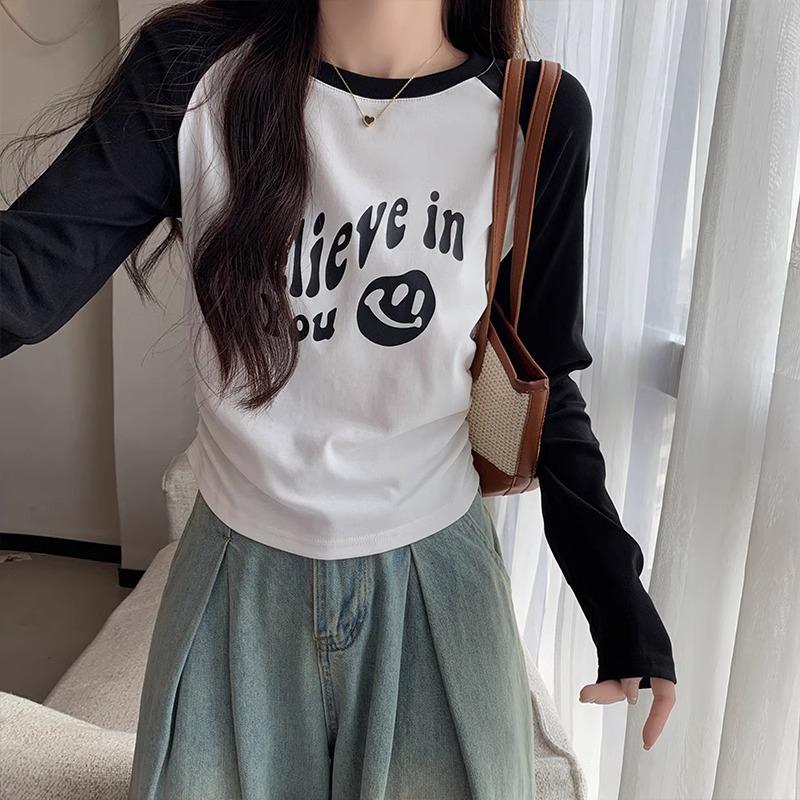 American Retro Side Pleated Waist Long-sleeved T-shirt Women's New Round Neck Letter Printed Short Bottoming Top Autumn