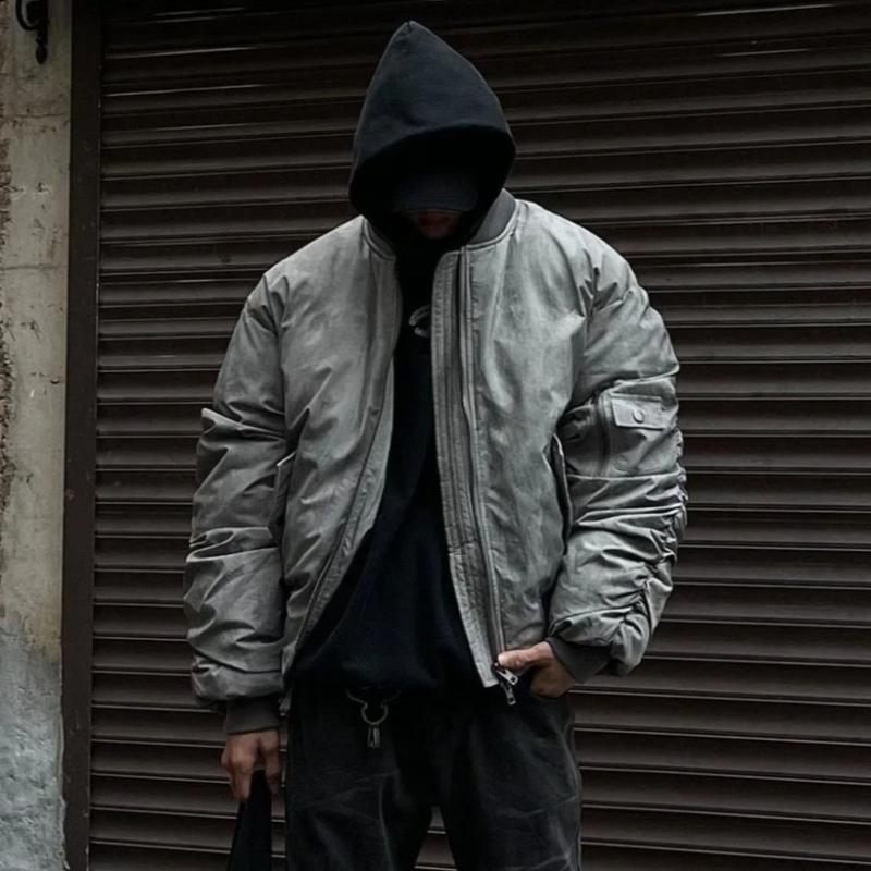 Winter Vintage Distressed Style Wrinkle Design Bomber Baseball Jacket Cotton American Hip Hop Coat Warm Parka