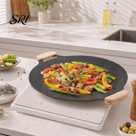 Family Size Outdoor Cooking Pan Electric Smokeless Grill, Nonstick Griddle, Korean BBQ Meat Roaster Cassette Stove Compatible with Handle, Round
